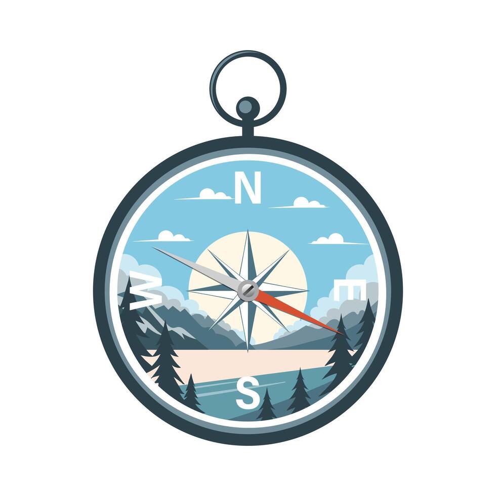 kompas illustratie. vlak illustratie, kompas icoon met landschap natuur. vector