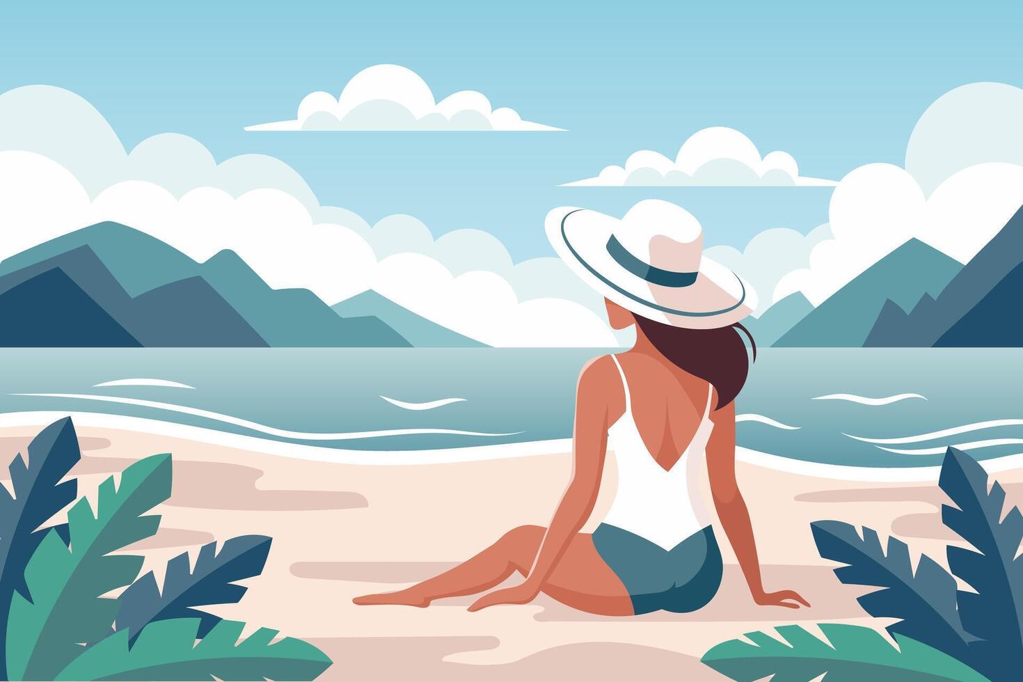 zeegezicht. tijd kom tot rust. jong vrouw in een hoed Aan de strand tegen de backdrop van een zeegezicht. illustratie. vector