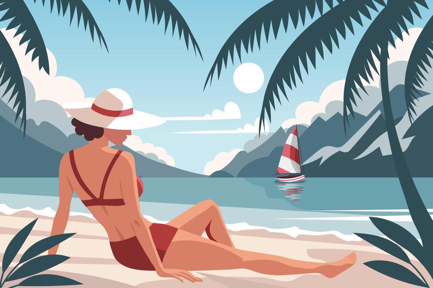 zeegezicht. vakantie tijd. vrouw Aan de strand in een zwempak zonnen Aan de achtergrond van de zien oever. illustratie. vector