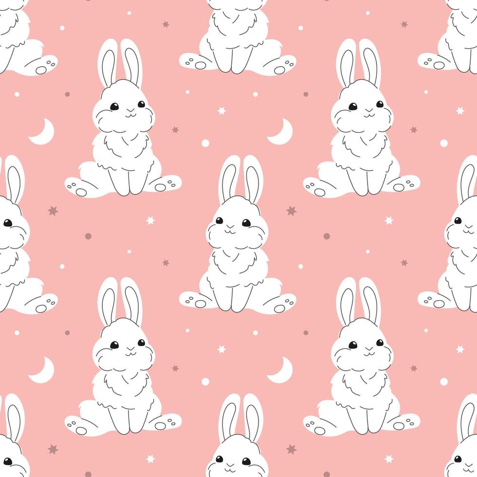 naadloos patroon met schattig wit konijntjes Aan een pastel achtergrond met sterren. baby afdrukken, ontwerp voor kinderkamer slaapkamer vector