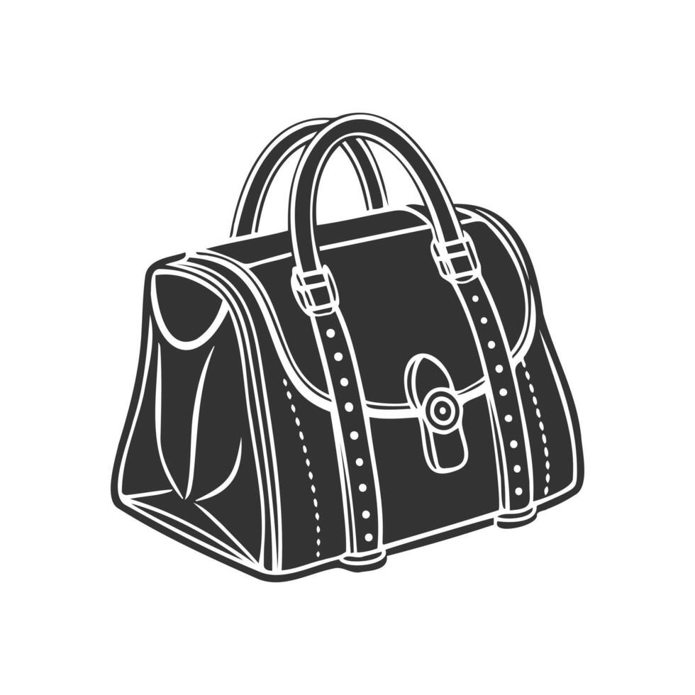 hand- getrokken vrouwen zak met handvatten. reizen tas. zwart en wit silhouet. vector