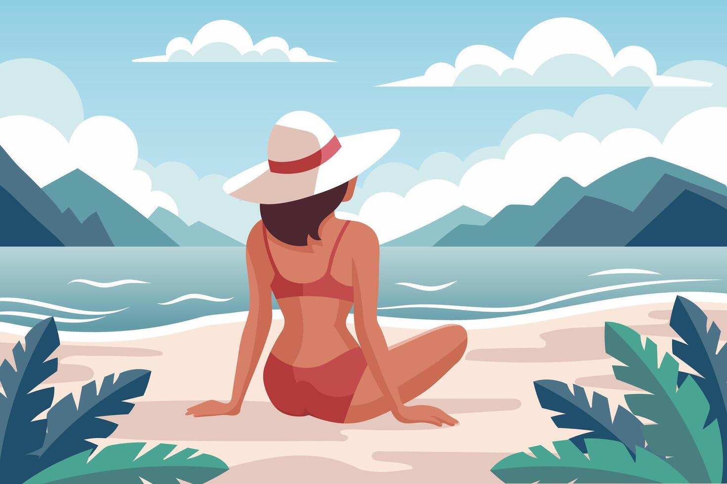 zeegezicht. vakantie tijd. vrouw Aan de strand in een zwempak zonnen Aan de achtergrond van de zien oever. illustratie. vector