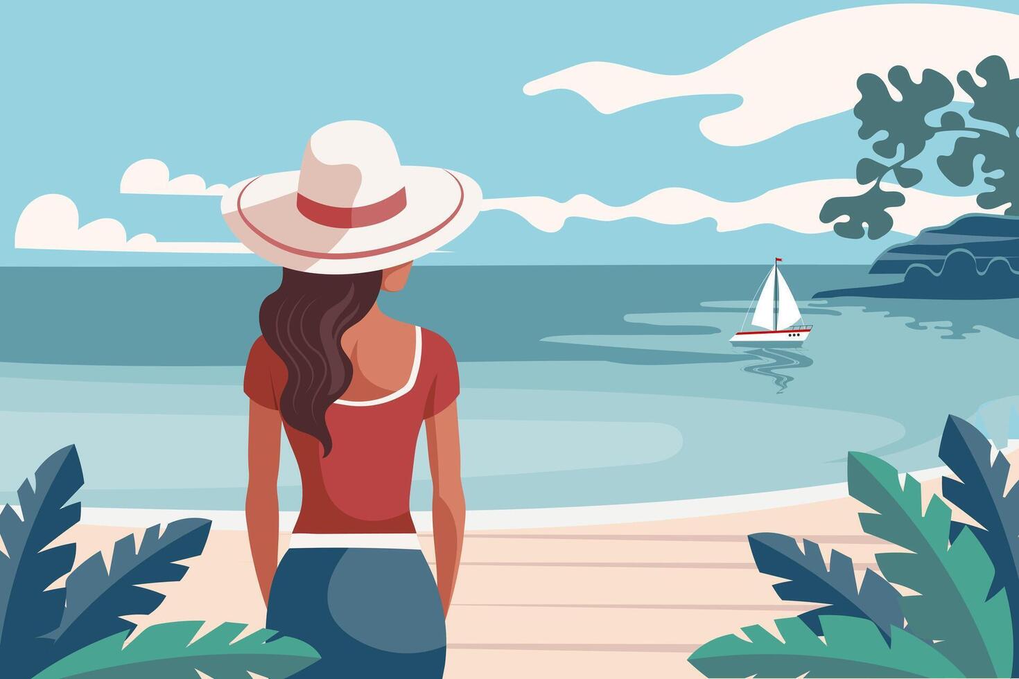 zeegezicht. tijd kom tot rust. jong vrouw in een hoed Aan de strand tegen de backdrop van een zeegezicht. illustratie. vector