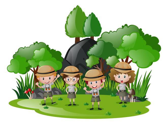 Vier kinderen in safari-outfit met plezier in het bos vector