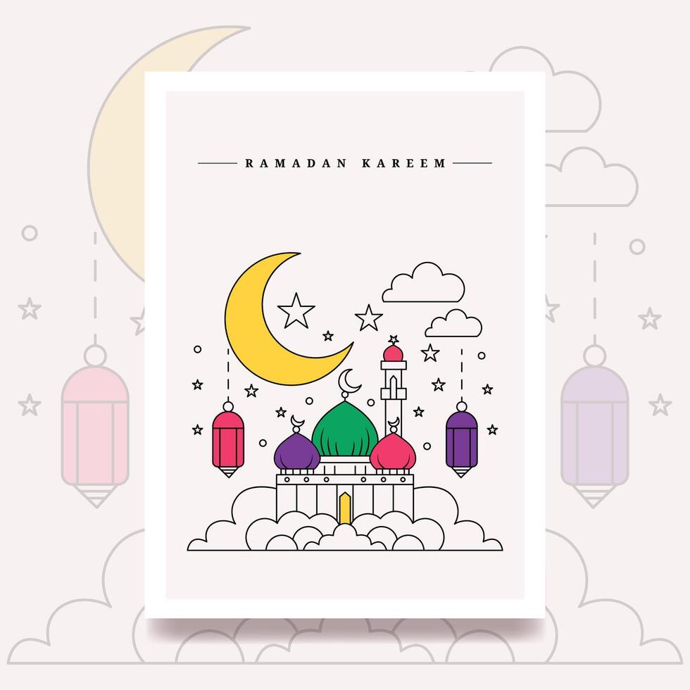 Ramadan kareem lijn kunst poster illustratie met symbolen gebruik makend van een moskee cresent lantaarn vector