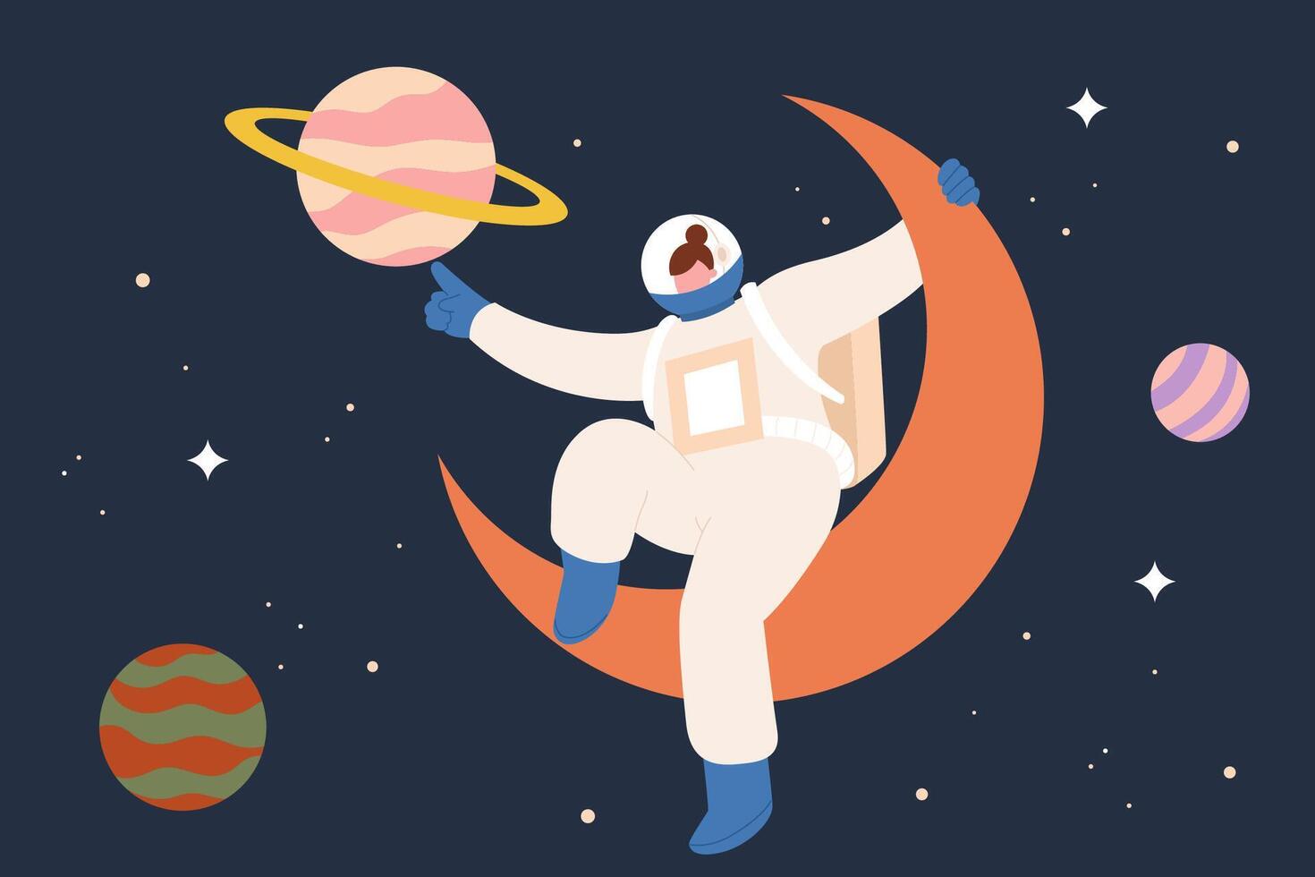 vrouw astronaut in ruimte. vlak stijl illustratie van vrouw astronaut in ruimtepak zittend Aan maan en bereiken uit naar een planeet. concept van ruimte reis of vrouw Bij haar werkplaats vector