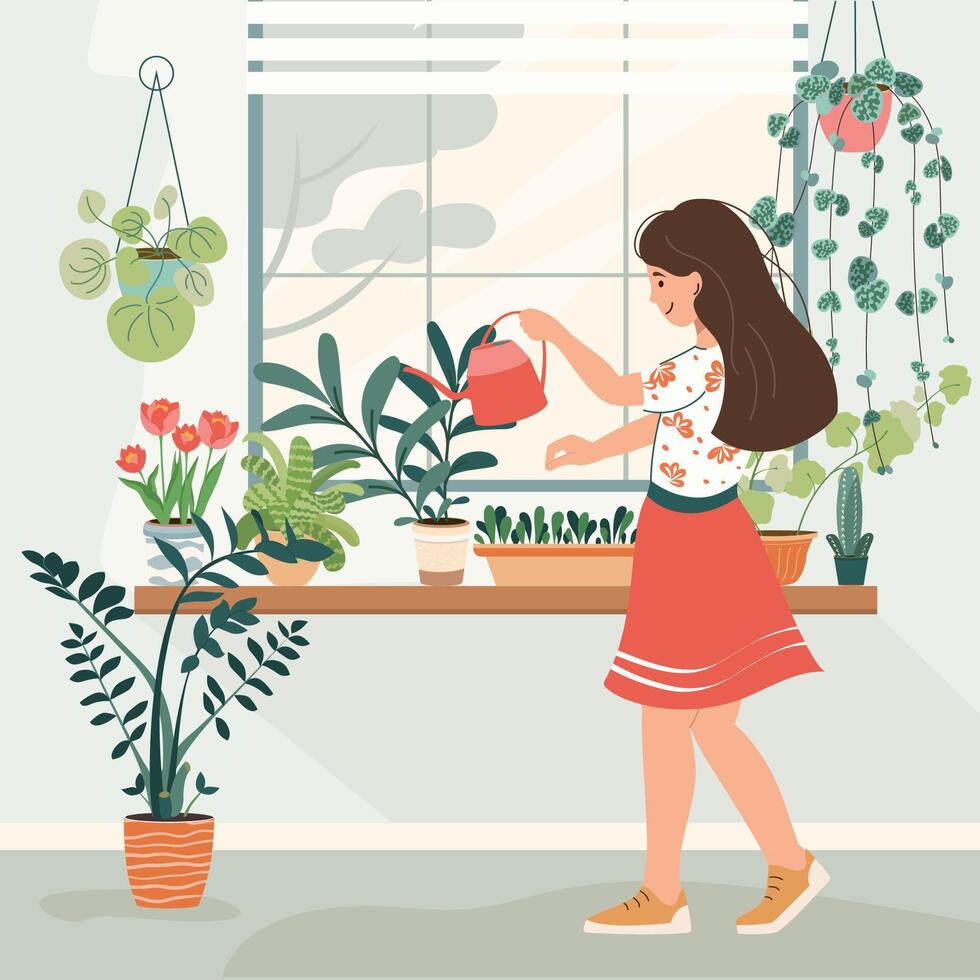 mooi jong vrouw Holding gieter kan en gieter kamerplanten in potten. meisje zorgzaam voor binnen- huis bloemen. hobby. vector illustratie in vlak stijl. gekleurde concept van huis tuinieren