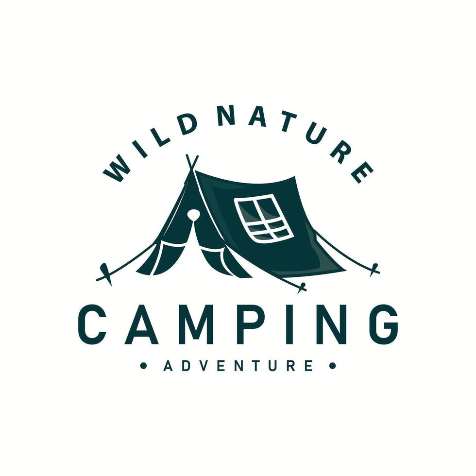 camping logo wild Woud ontwerp buitenshuis avontuur illustratie van bomen en gemakkelijk tent vector