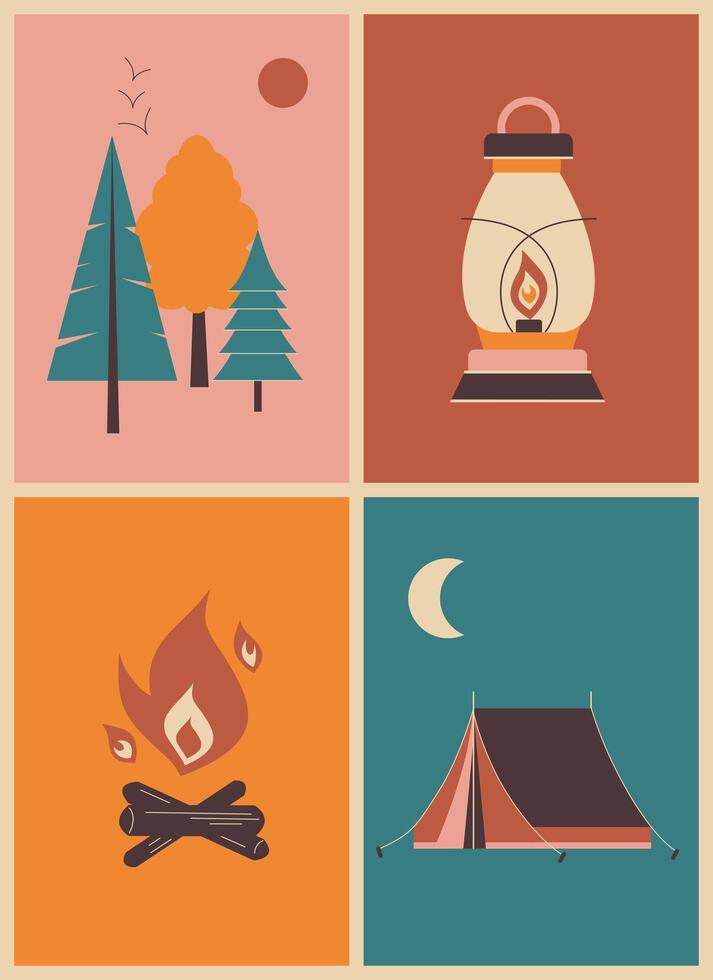 retro meetkundig helder poster met camping en wandelen dingen. tent, kampvuur, lantaarn, Woud vector illustratie