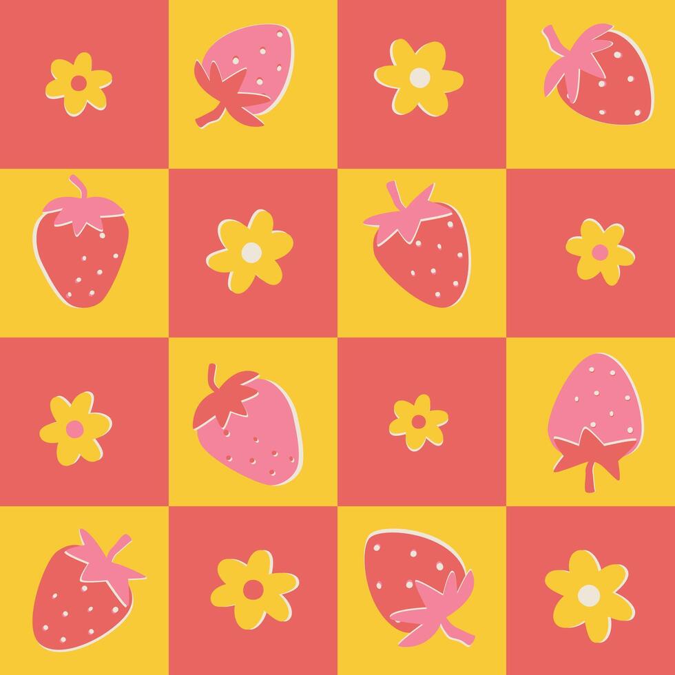 helder geel-roze naadloos patroon met aardbeien en bloemen geplaatst in pleinen vector illustratie