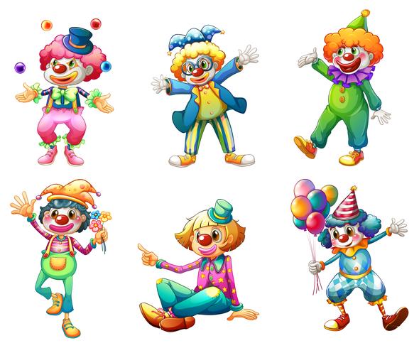 Zes verschillende clown kostuums vector