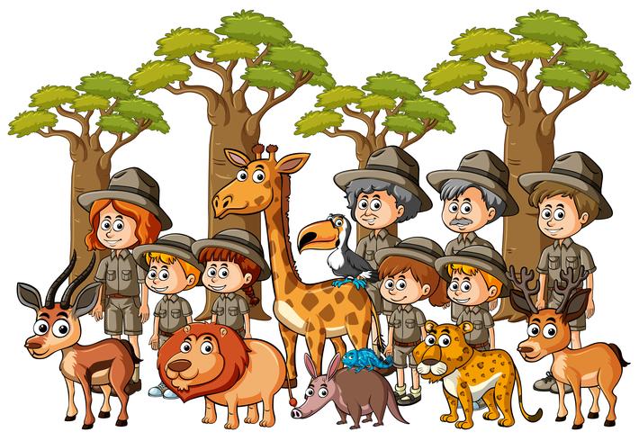 Parkrangers en kinderen met dieren in het bos vector