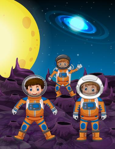 Drie astronauten op maanoppervlak vector