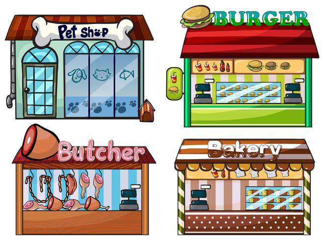 Dierenwinkel, hamburgertent, slagerij en bakker vector