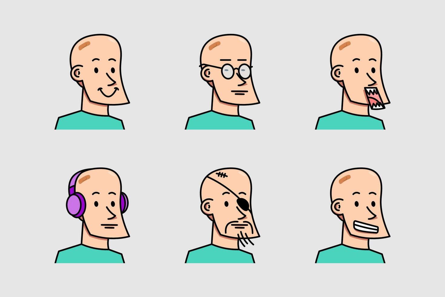 tekenfilm kaal mannetje hoofd gelaats uitdrukking reeks met divers kleren vector