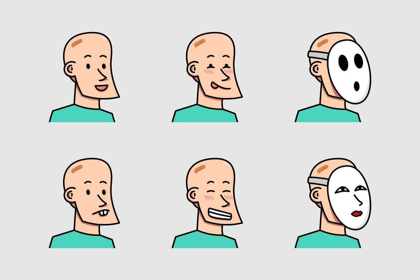 tekenfilm kaal mannetje hoofd gelaats uitdrukking reeks met divers kleren vector