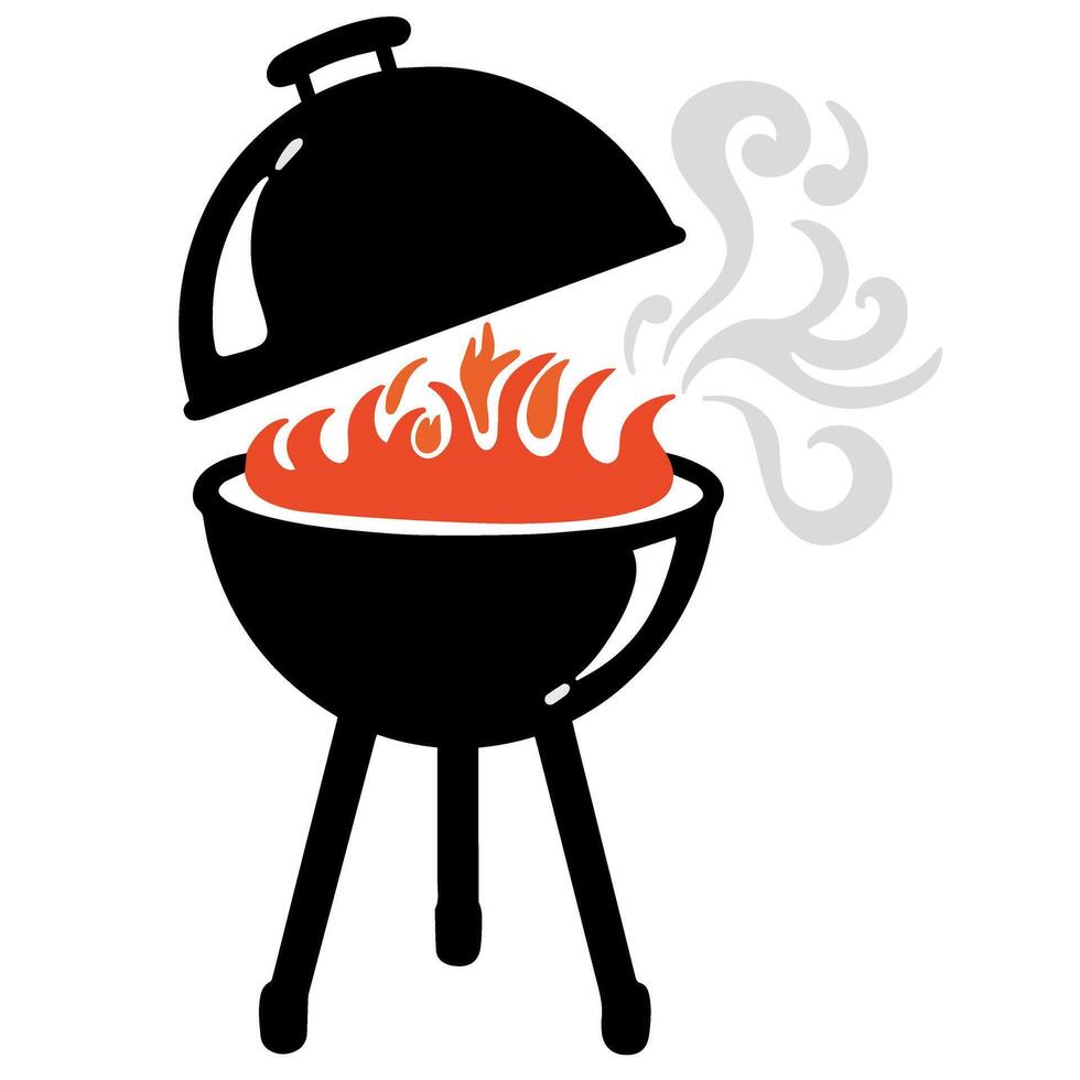 vector illustratie zwart bbq rooster qith vlam en rook ontwerp icoon