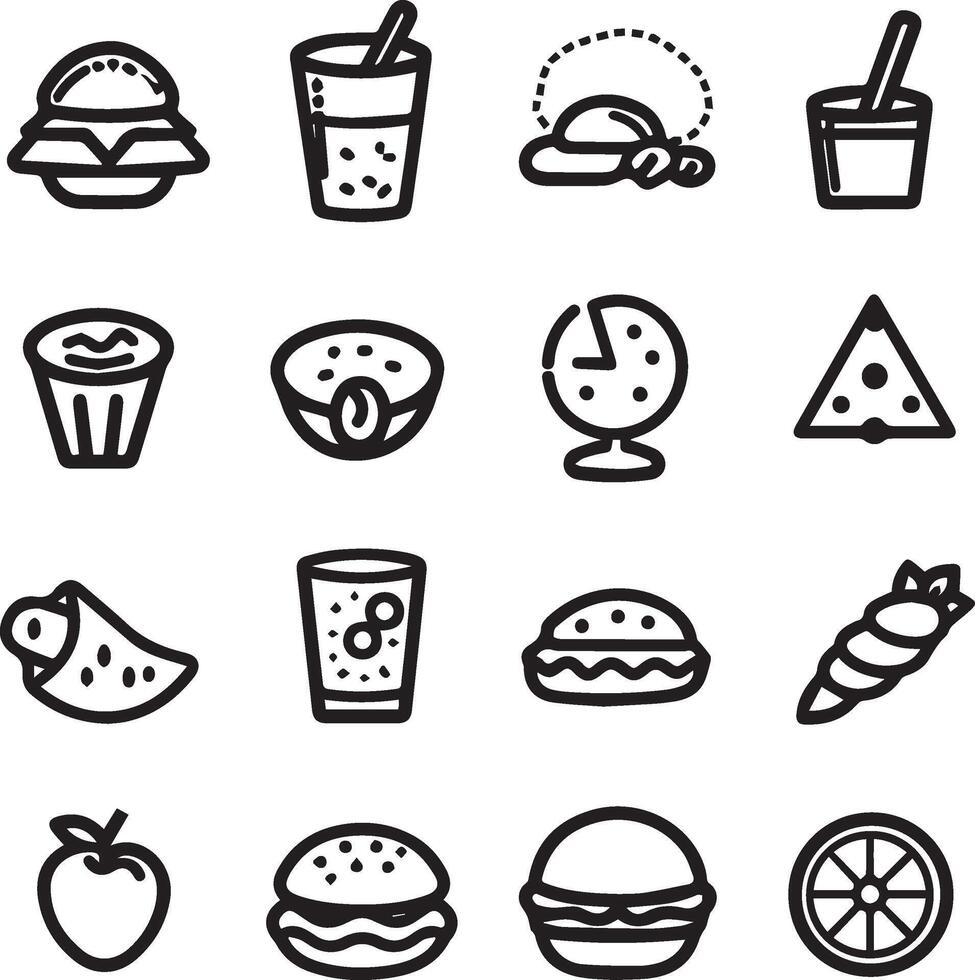 voedsel pictogrammen set. verzameling vector zwart schets logo wit achtergrond