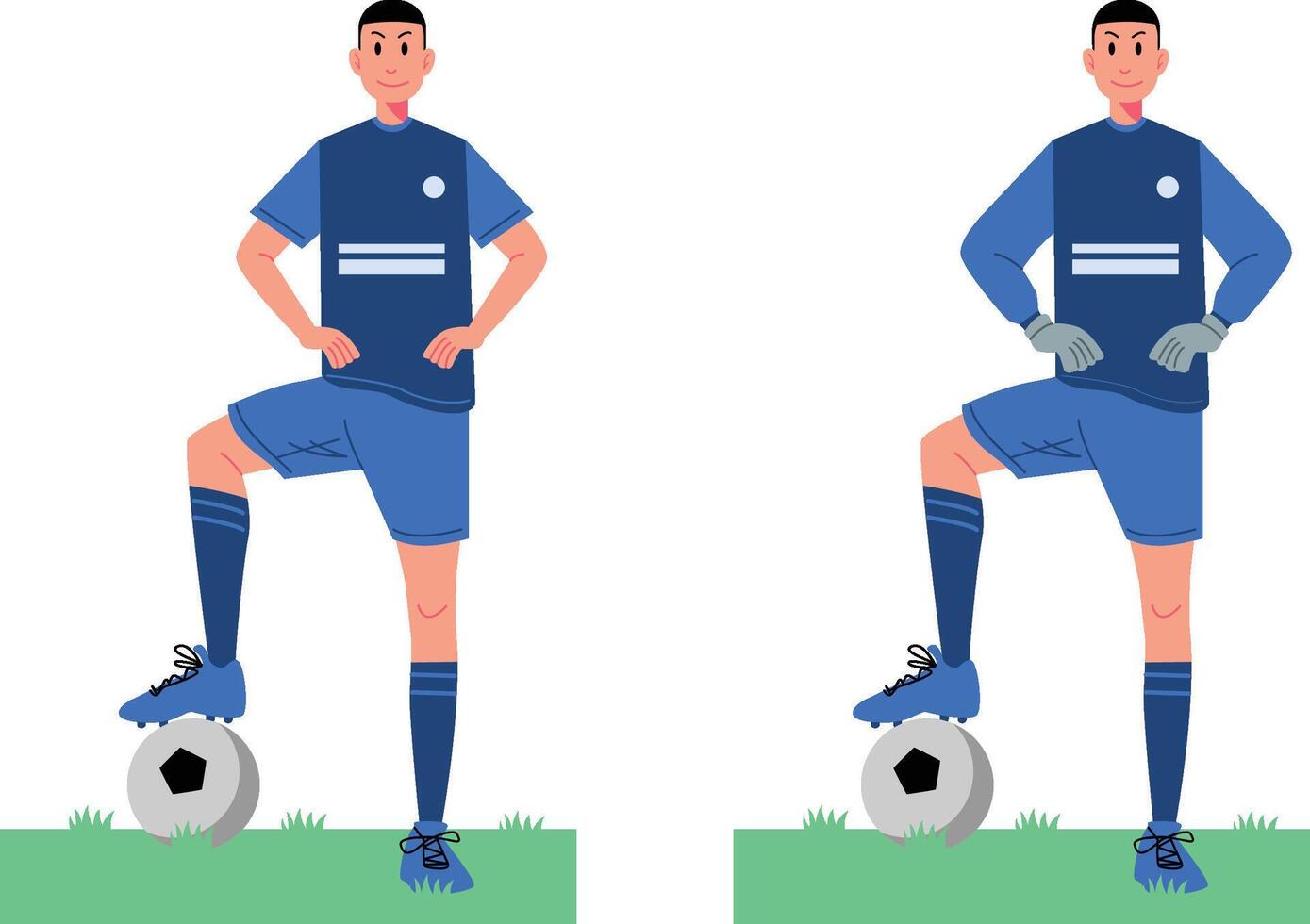 twee illustraties van een voetbal speler staand Aan een bal vector