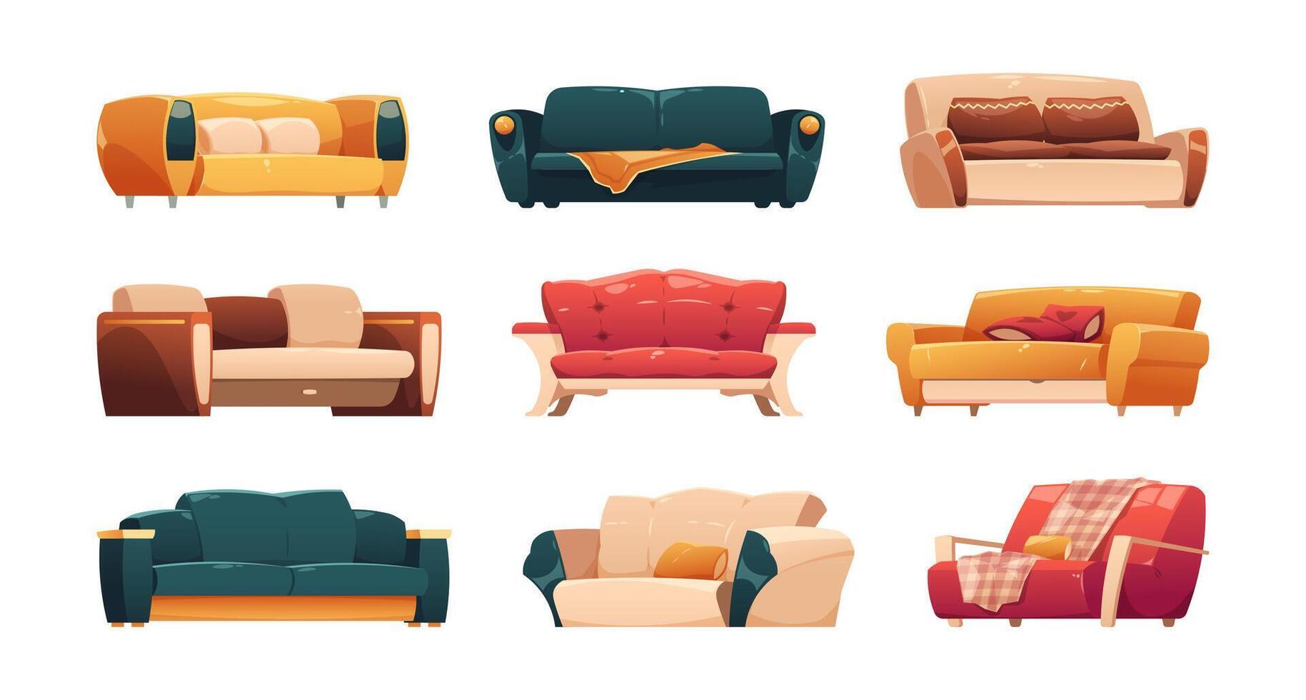 tekenfilm couches en banken. modern comfortabel fauteuil en sofa voor huis en kantoor, knus lounge meubilair voor leven kamer interieur. vector geïsoleerd reeks