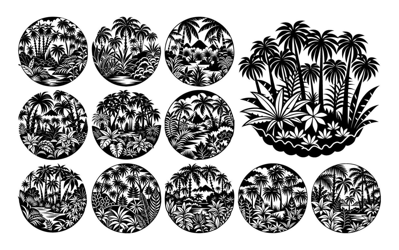 ai gegenereerd verzameling van sommige palm boom oerwoud in cirkel het formulier ontwerp vector