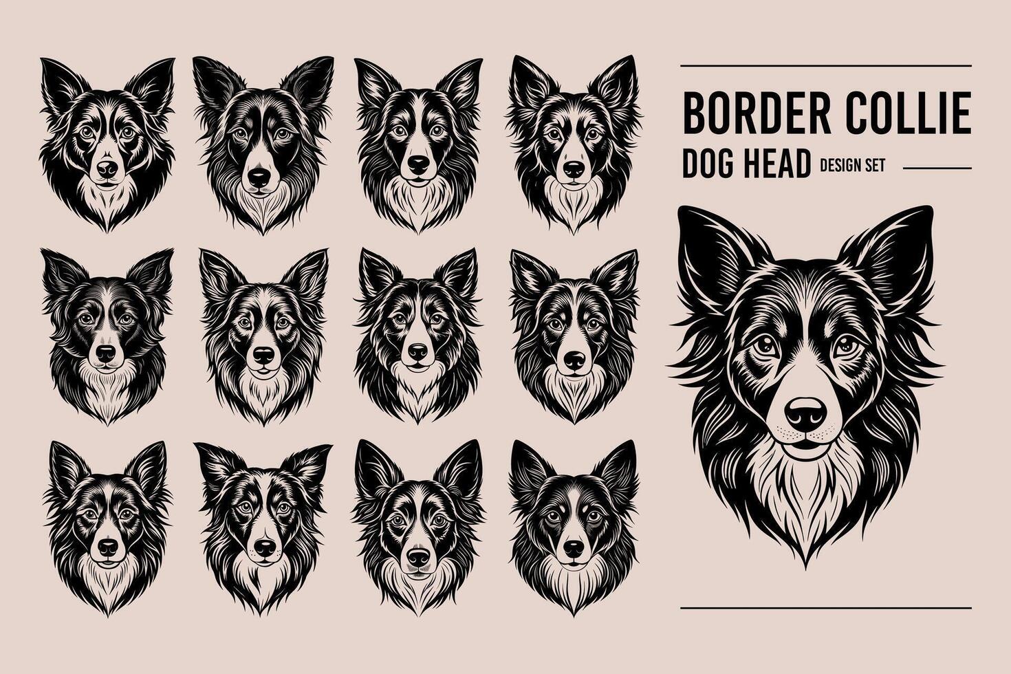 ai gegenereerd reeks van portret grens collie hond hoofd silhouet ontwerp vector