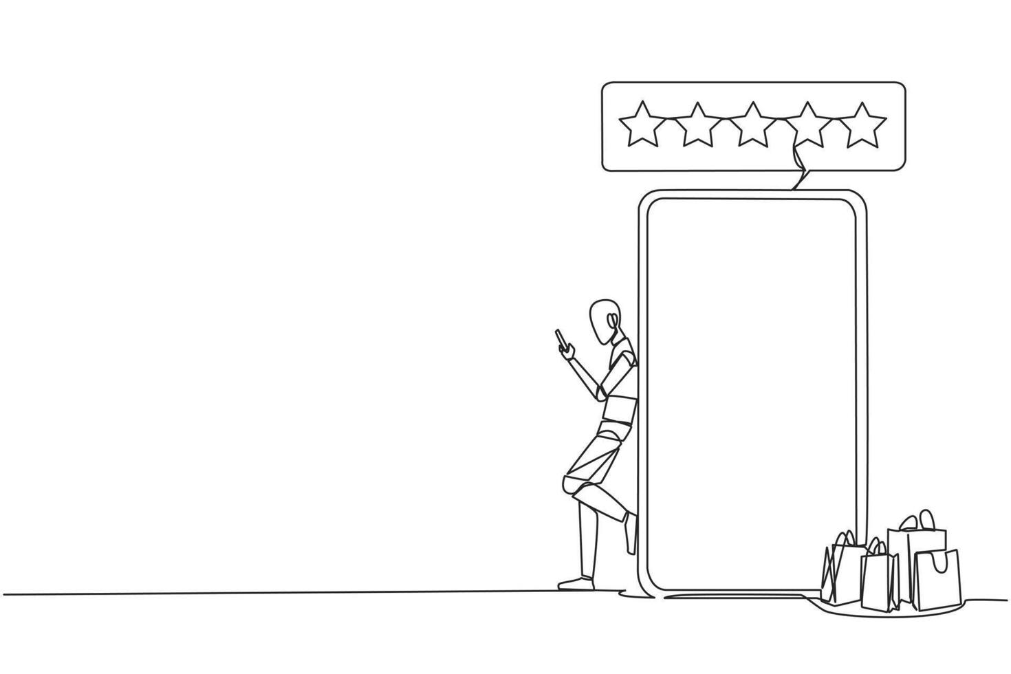 single doorlopend lijn tekening robot kunstmatig intelligentie- leunend Aan groot smartphone terwijl typen Aan smartphone. concept van online winkel. recensie vijf goud ster. een lijn ontwerp vector illustratie