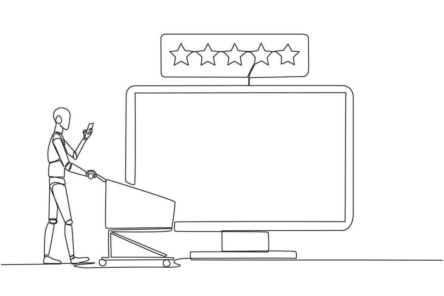 doorlopend een lijn tekening robot wandelen dragen trolley terwijl typen Aan een smartphone naar groot toezicht houden op scherm. online winkelen. tarief 5 ster. ai techniek. single lijn trek ontwerp vector illustratie