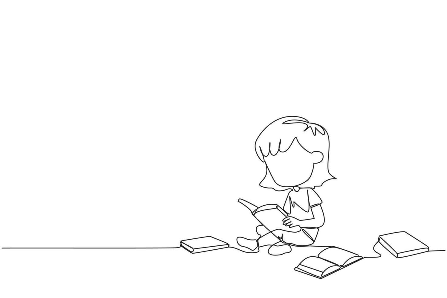 single een lijn tekening meisje zittend ontspannen in een bibliotheek lezing een veel van boeken. op zoek voor antwoorden naar school- opdrachten. lezing hobby. boek festival. doorlopend lijn ontwerp grafisch illustratie vector