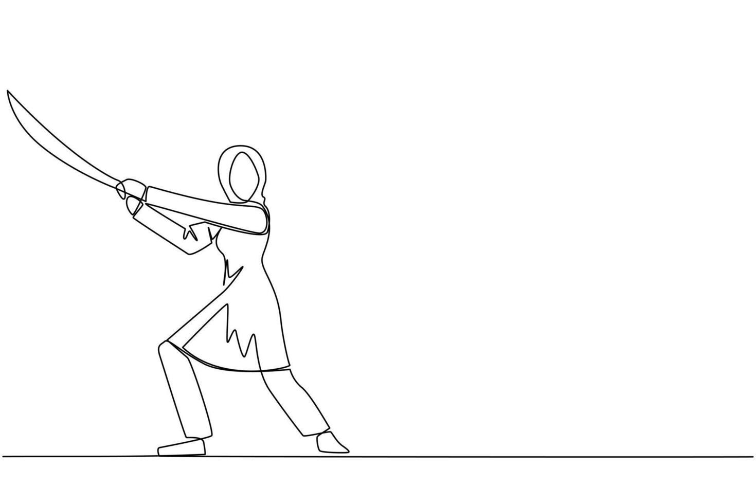 single een lijn tekening Arabisch zakenvrouw Holding samoerai. gestileerde Leuk vinden samurai atleet bewaken bedrijf. bereid naar elimineren verstoren bedrijf groei. doorlopend lijn ontwerp grafisch illustratie vector