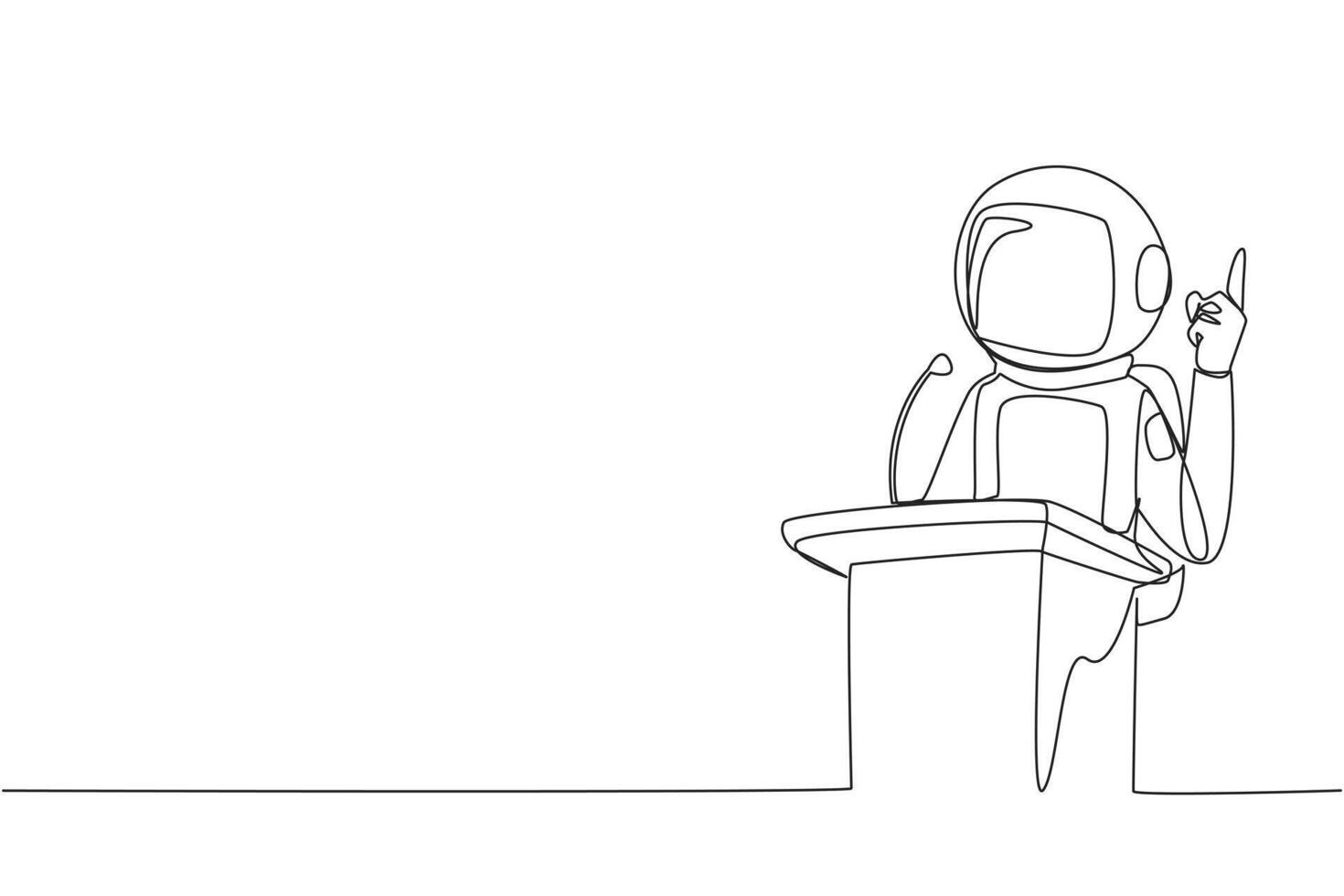 single doorlopend lijn tekening jong astronaut sprekend Bij de podium terwijl geven gebaar van hijs- een vinger omhoog. inspirerend toespraak. conferentie fase. redenaar. een lijn ontwerp vector illustratie