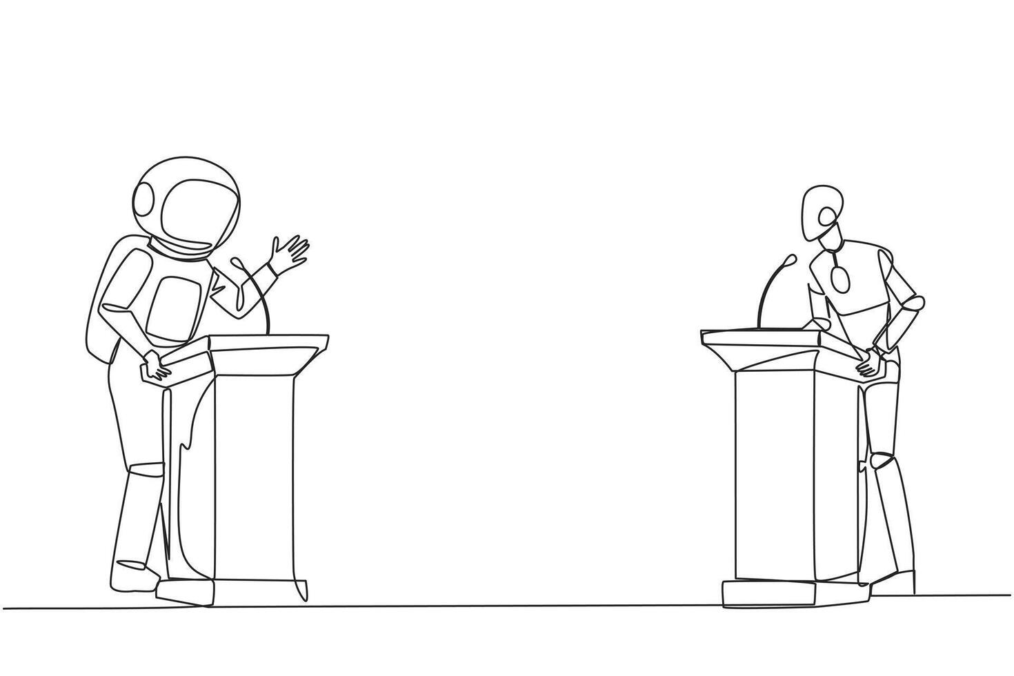 single doorlopend lijn tekening robot en astronaut ruzie maken Aan de podium. het werpen argumenten Bij elk ander, niet willen naar geven in. voelen meest Rechtsaf. debat. een lijn ontwerp vector illustratie