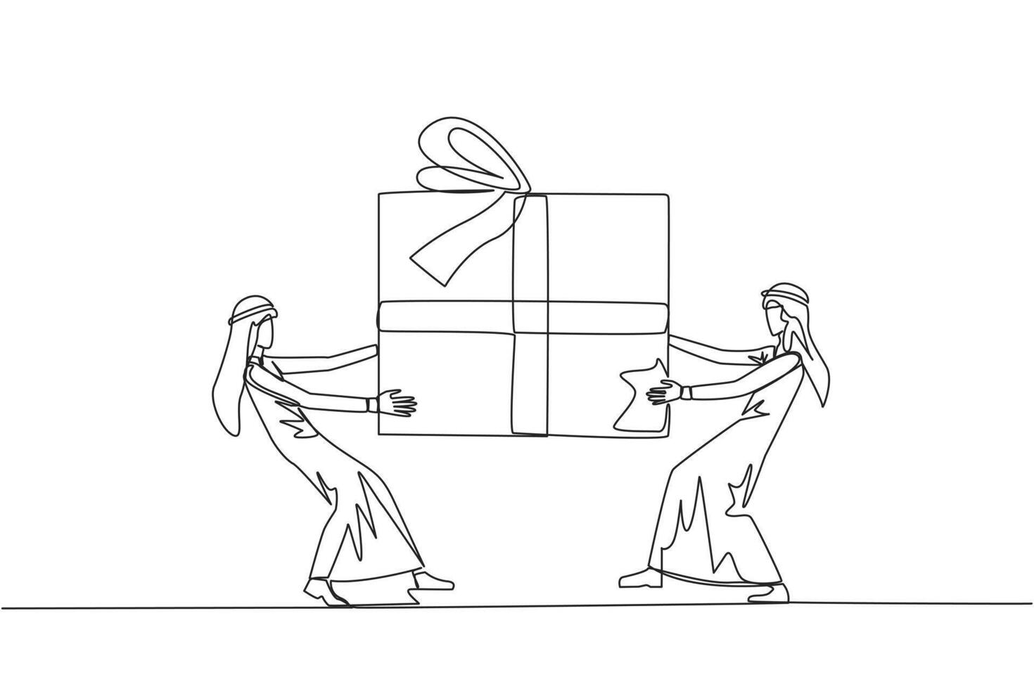 doorlopend een lijn tekening twee professioneel Arabisch zakenman vechten over- geschenk doos. ondernemers tegen milieu verontreiniging strijd voor hoofd prijs. single lijn trek ontwerp vector illustratie