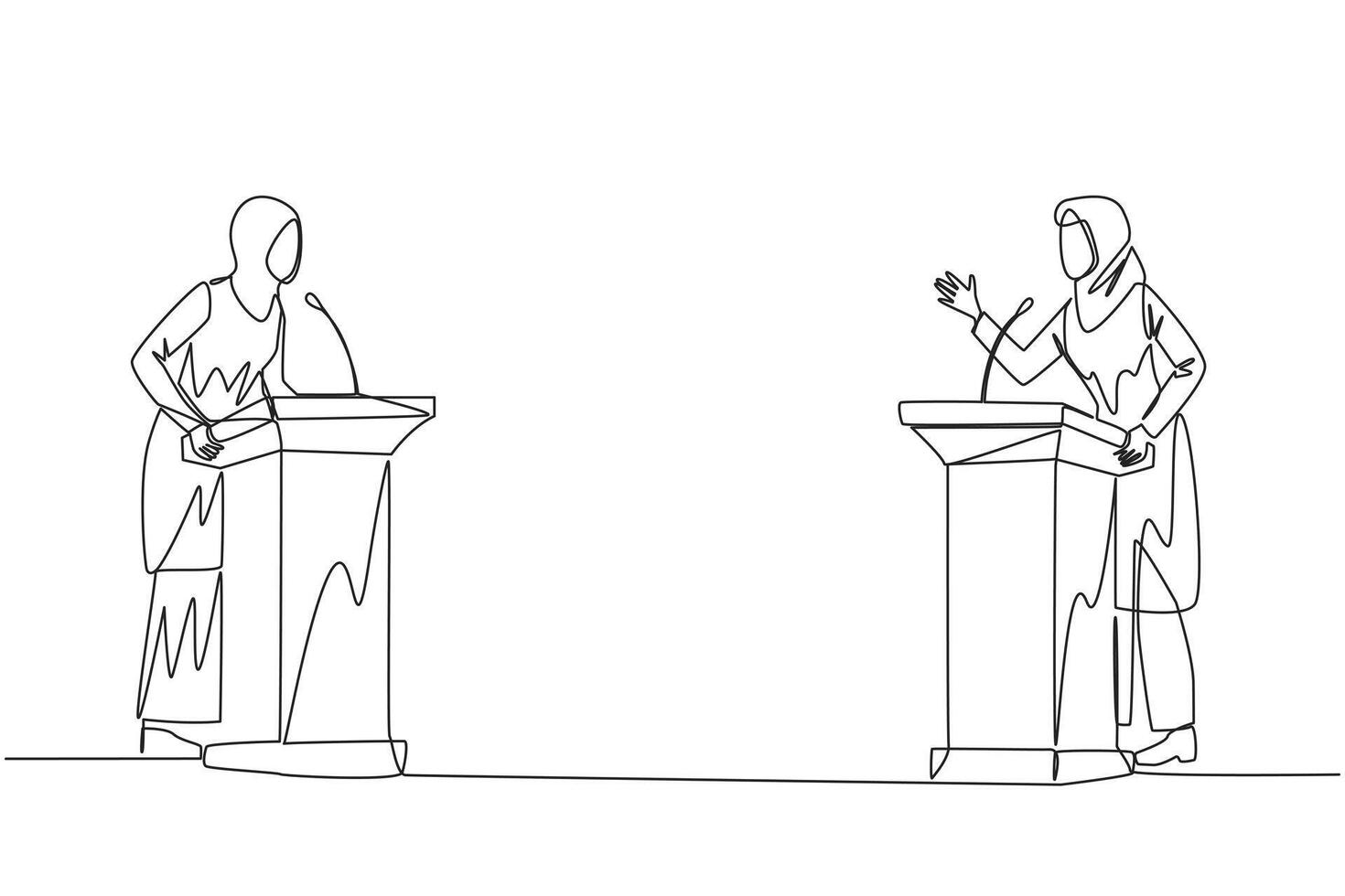 single doorlopend lijn tekening twee Arabisch zakenvrouw ruzie maken Aan podium. het werpen meningen Aan de het beste manier naar transactie met globaal opwarming. Open dialoog. debatteren. een lijn ontwerp vector illustratie