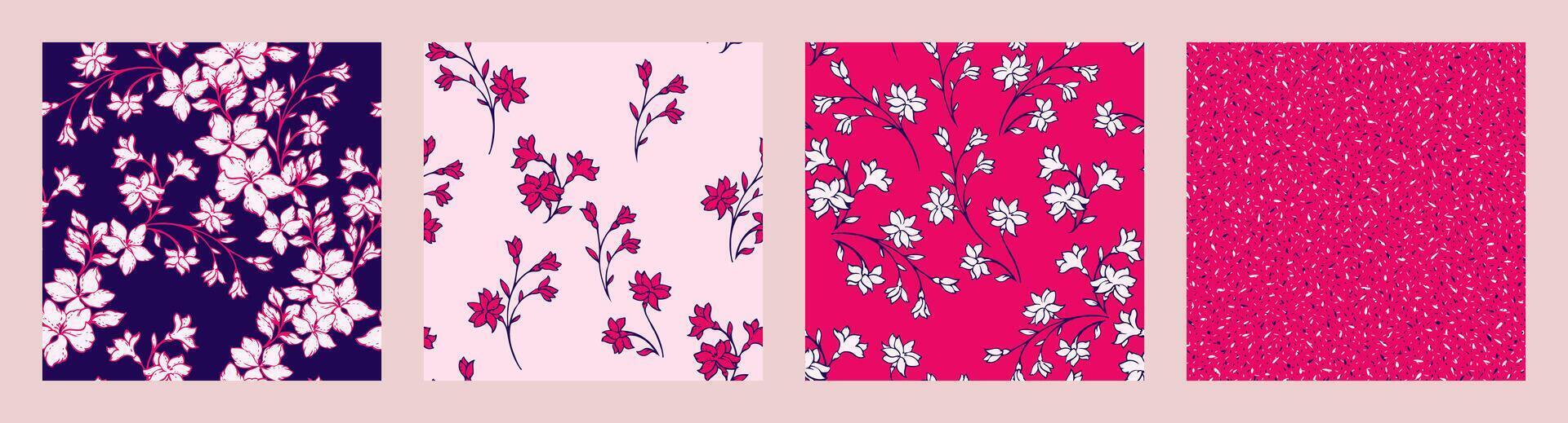 helder collage van reeks naadloos patronen met abstract gestileerde bloesems wild bloemen. vector hand- getrokken schetsen silhouetten voorzichtig bloemen stengels, vormen willekeurig vlekken, polka stippen. Sjablonen voor ontwerp