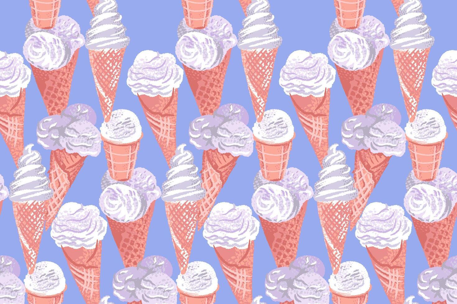 abstract artistiek ijs room ijshoorntje naadloos patroon in een blauw achtergrond. vector hand- getrokken illustratie. kleurrijk zomer vers nagerecht. collage voor kinderen textiel, afdrukken, keuken textiel