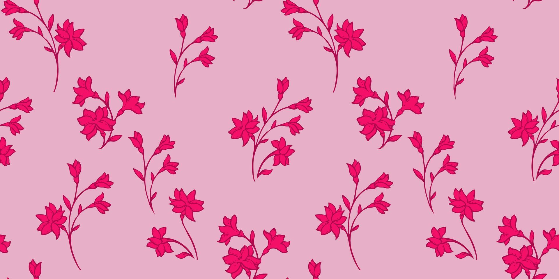 minimalistische abstract klein wild bloemen stengels verspreide willekeurig naadloos patroon. gemakkelijk voorzichtig ditsy bloemen, knoppen, bladeren roze afdrukken. vector hand- getrokken schetsen. collage voor ontwerpen, gevormde