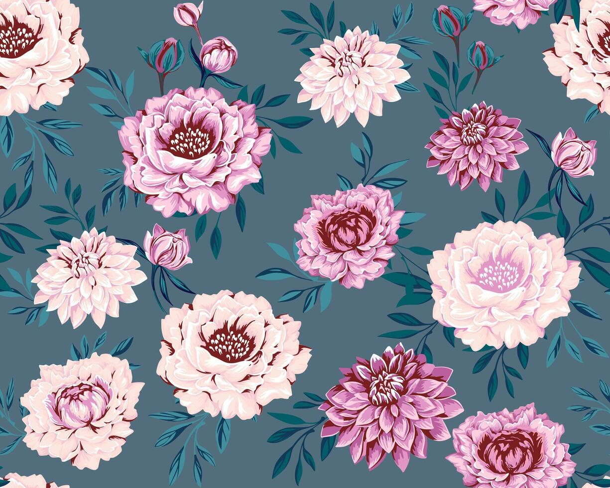 elegantie kleurrijk bloemen met bloemknoppen en tand bladeren takken naadloos patroon Aan een groen achtergrond. abstract artistiek gestileerde bloemen pioenrozen, dahlia's afdrukken. vector getrokken illustratie planten.