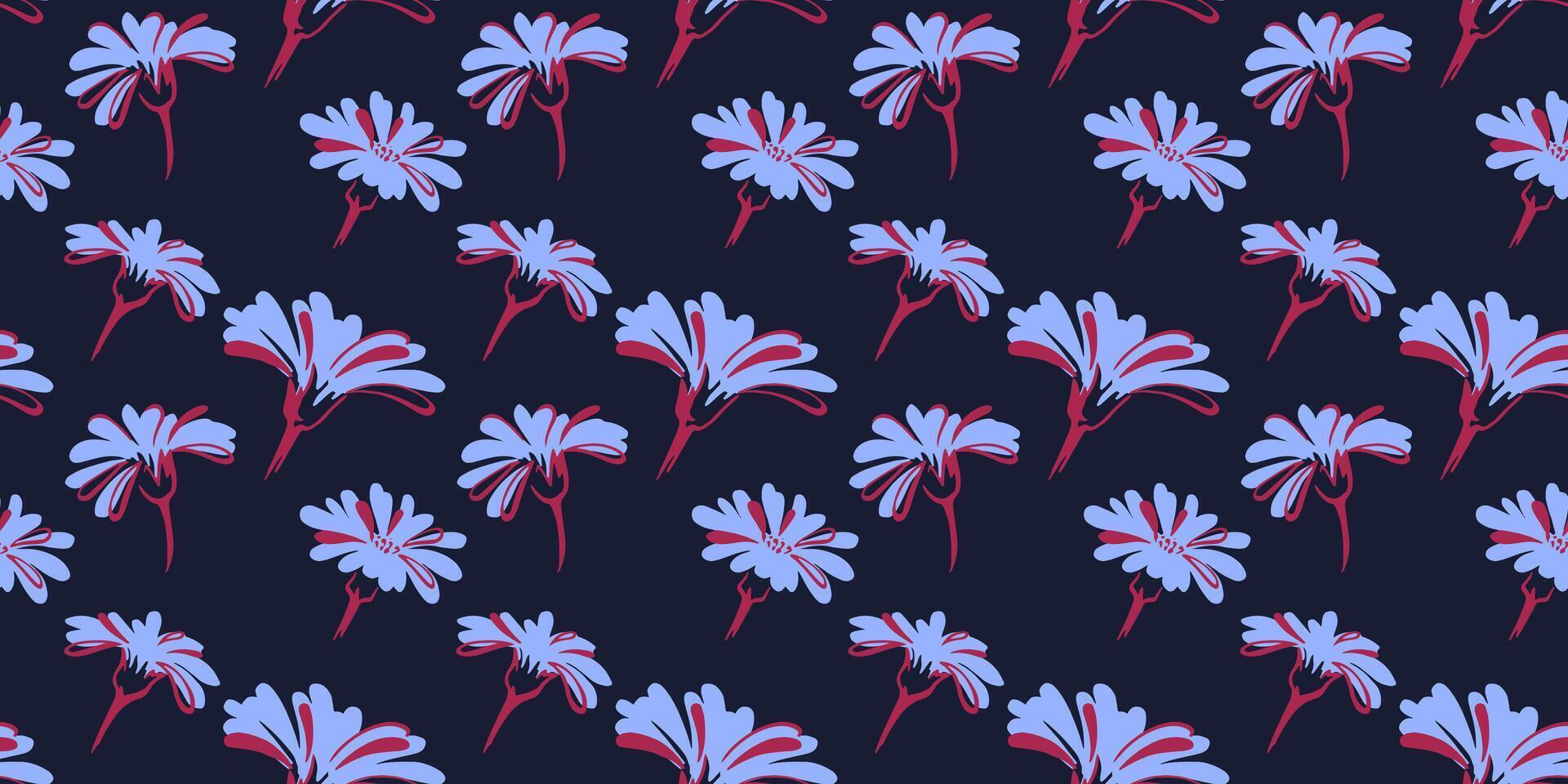 abstract vormen blauw bloemen bloemknoppen naadloos patroon Aan een donker zwart achtergrond. vector hand- getrokken schetsen silhouet. creatief gemakkelijk schattig bloemen afdrukken. collage voor sjabloon ontwerpen, gevormde