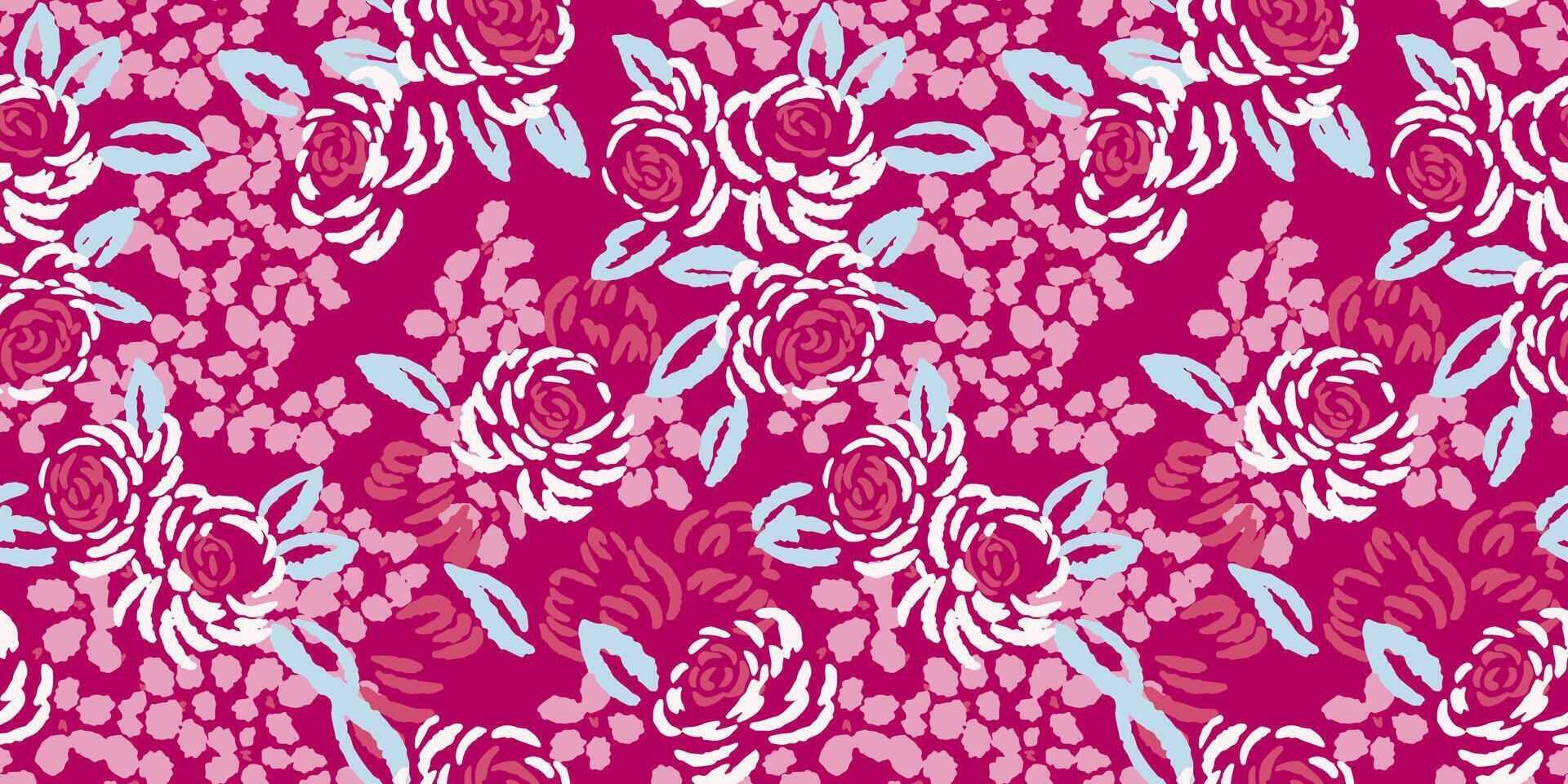 helder naadloos patroon zomer bloesems weide Aan een roze achtergrond. vector hand- getrokken schetsen borstel bloemen. creatief abstract rozen, ditsy bloemen, bladeren afdrukken. ontwerp sjabloon, kleding stof, collage