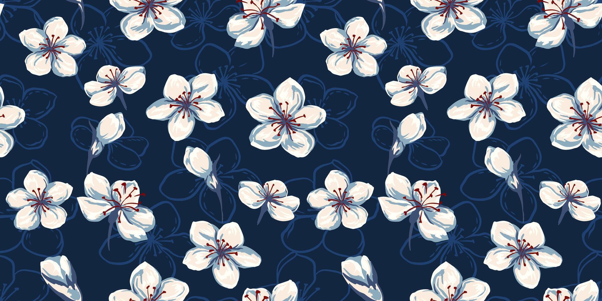 artistiek abstract wild bloesem bloemen naadloos patroon. vector hand- getrokken schetsen. kleurrijk ditsy bloemen en bloemknoppen het drukken Aan een donker blauw achtergrond. sjabloon voor ontwerpen, kleding stof, textiel