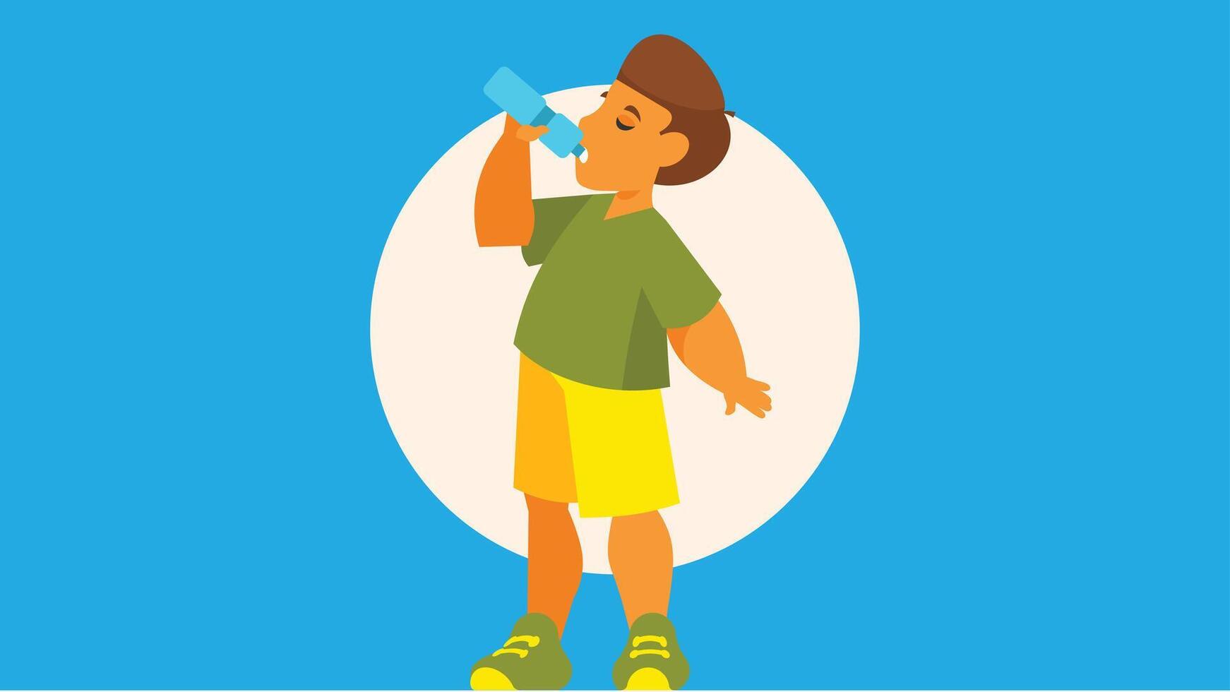 een jongen drinken water en wezen uitgedroogd vector