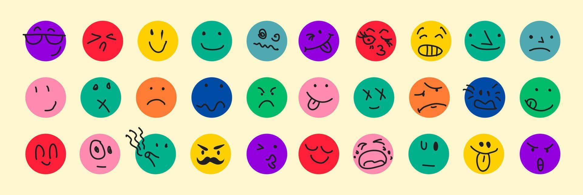 cartoon-stijl. ronde emoji komische gezichten met verschillende emoties. vector