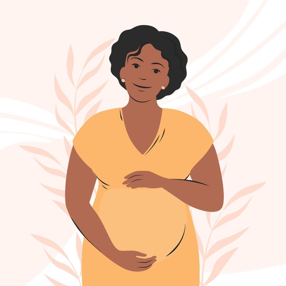 zwanger zwart vrouw, toekomst mam van Afrikaanse uiterlijk, staand in natuur en knuffelen buik met armen. Gezondheid, zorg, zwangerschap, moederschap concept. vlak vector illustratie.