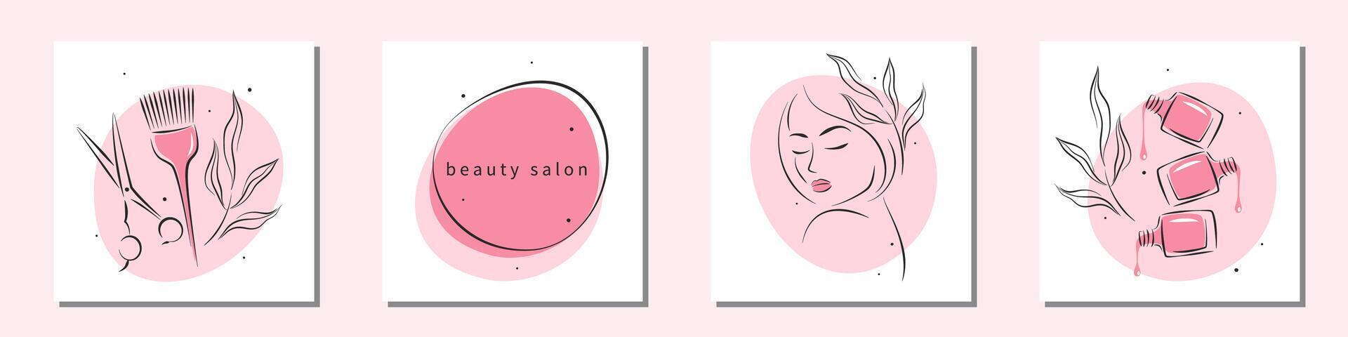 schoonheid salon logo set. mooi vrouw gezicht, nagel Pools, schaar en haar- borstel. manicuren, verzinnen, kappers. vector illustraties