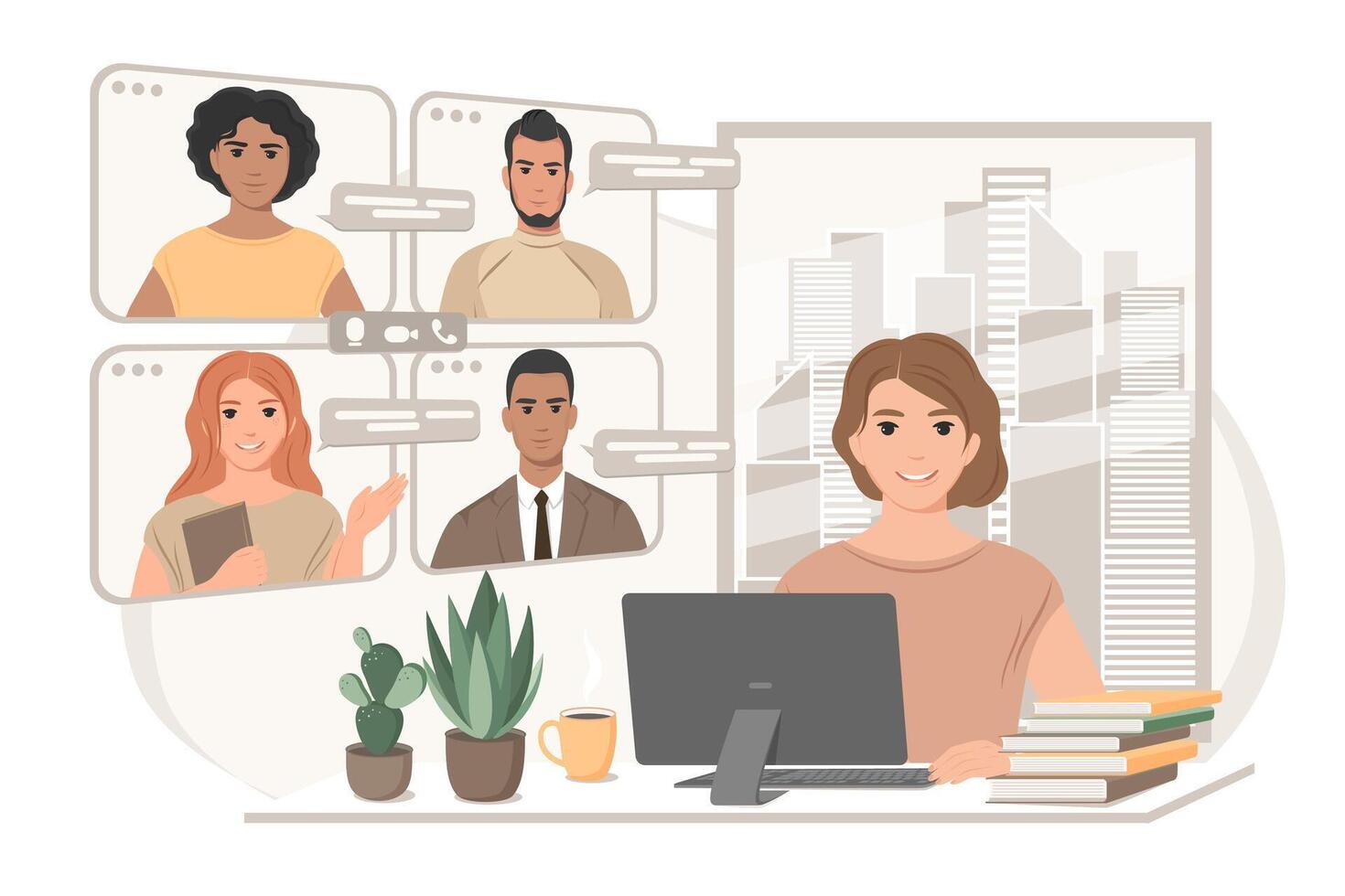 online vergadering via video conferentie. vrouw is werken van huis van collega's of vrienden online. concept werken van huis, online opleiding, quarantaine. vector illustratie in vlak stijl.