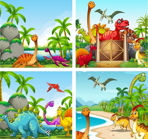 Vier scènes van dinosaurussen in het park vector