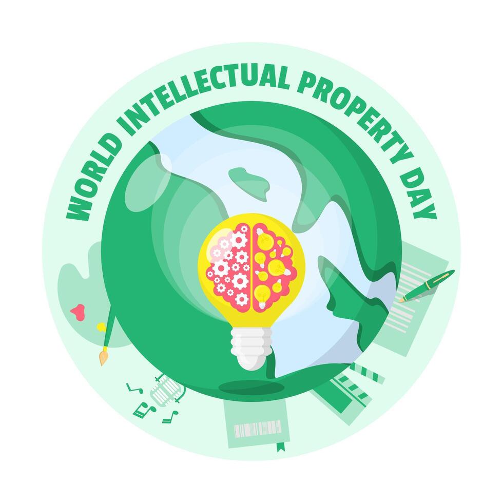 wereld intellectueel eigendom dag poster met licht lamp Aan aarde en omringd door divers types van intellectueel eigendom vector