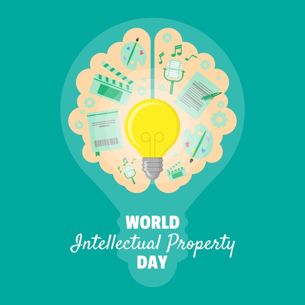 wereld intellectueel eigendom dag poster met hersenen dat bevat intellectueel eigendom vector