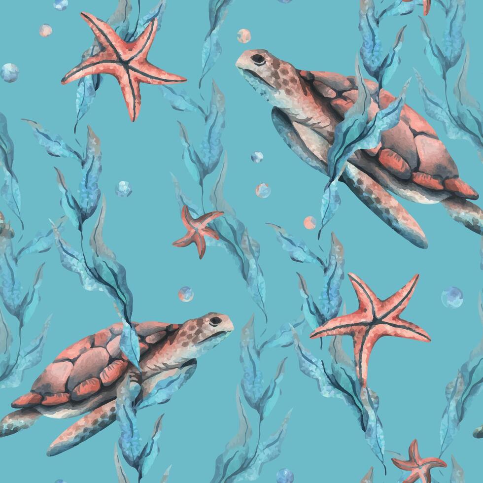 onderwater- wereld clip art met zee dieren walvis, schildpad, Octopus, zeepaardje, zeester, schelpen, koraal en algen. hand- getrokken waterverf illustratie. naadloos patroon Aan een blauw achtergrond vector